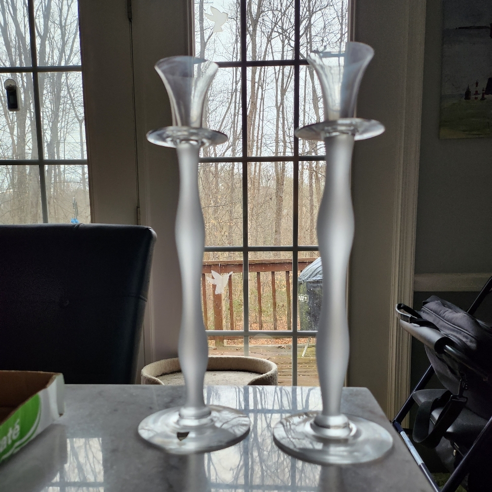 Pair of 13 inch Orrefors Rare Swedish frosted glass crystal candlesticks